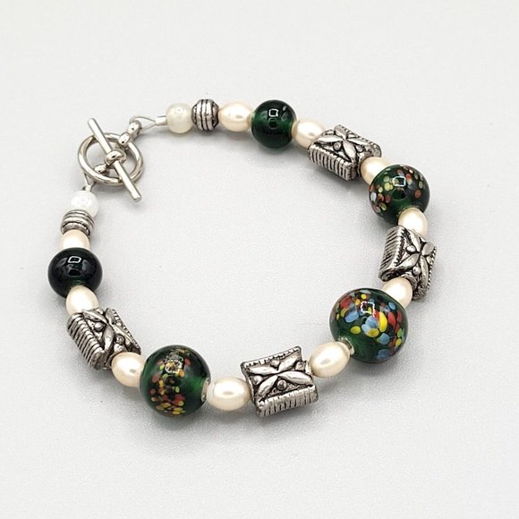 Unbranded Jewelry - Womens Silver Tone Metal Faux Pearl Green Glass Beaded Fashion Bracelet 6 1/2 in